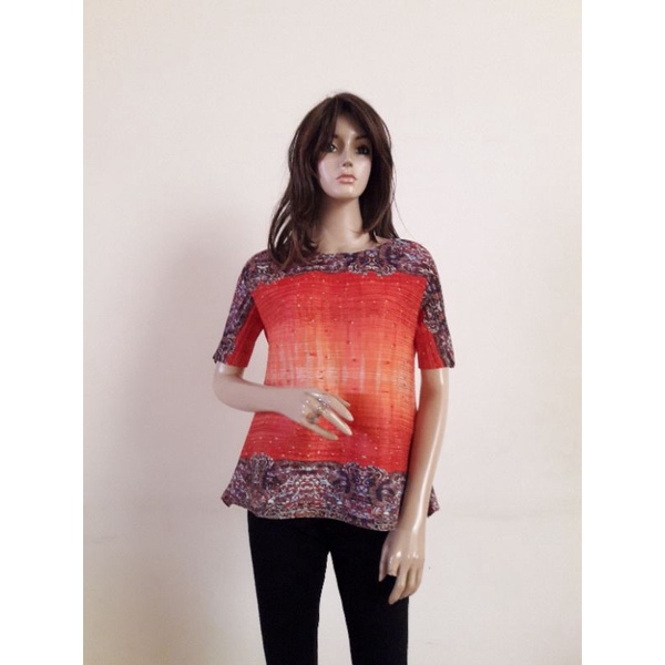 Atasan blus import premium plisket pleated blouse loose style longgar warna orange