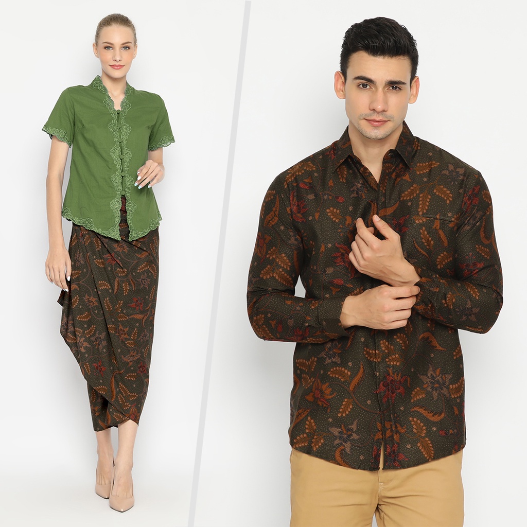 BATIK COUPLE MODERN Kemeja Rok Lilit Instan Batik Pria Lengan Panjang Premium Motif Elegant Warna Hijau Tua 721051 CAP 72