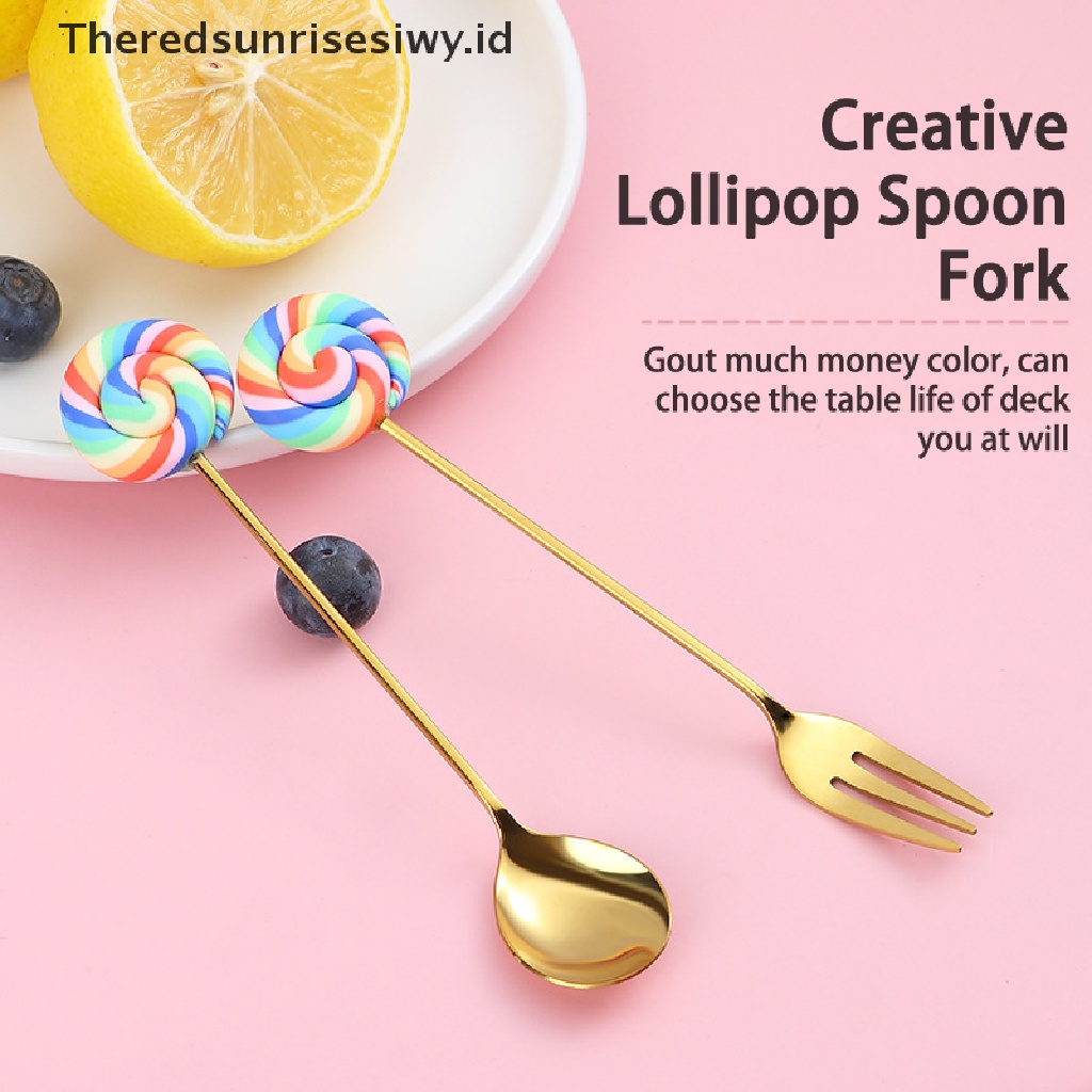 # Alat Pemotong Buah # Sendok Garpu Buah &amp; Teh Desain Lollipop Bahan Stainless Steel