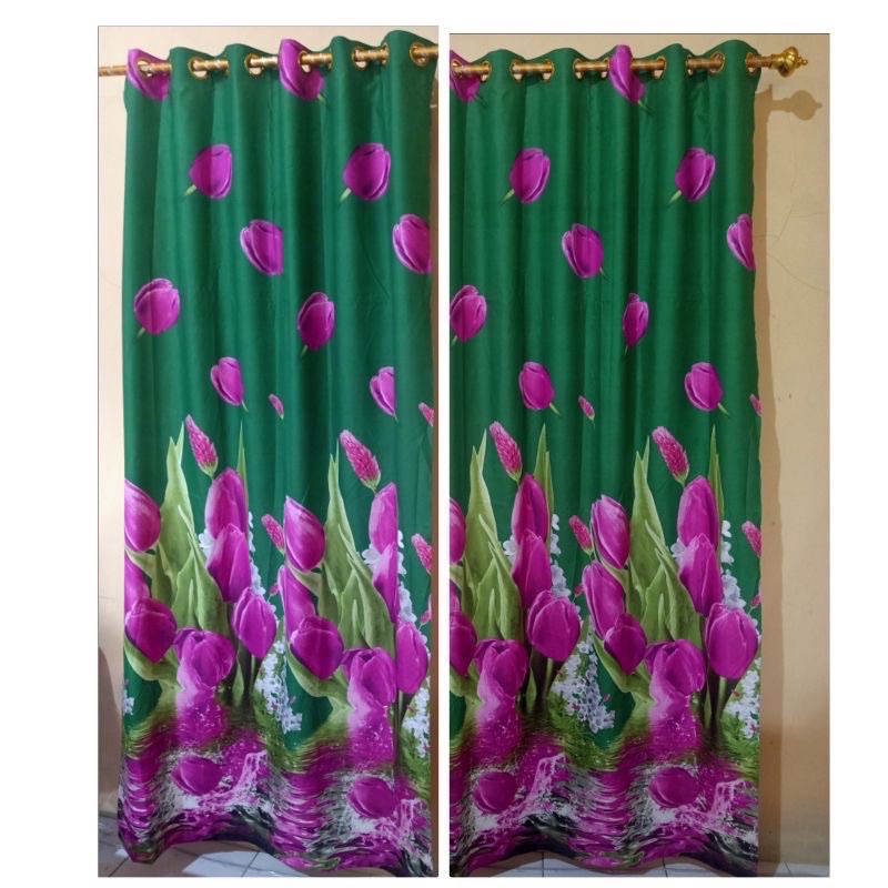 [ PINTU DAN JENDELA ] GORDEN SMOKRING + PONI MOTIF BUNGA TULIP PINK DASAR HIJAU