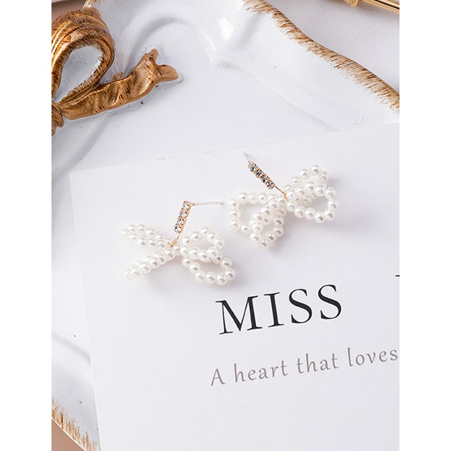 LRC Anting Tusuk Fashion White 925 Silver Needle Bow Beaded Woven Diamond Stereo Stud Earring F48219