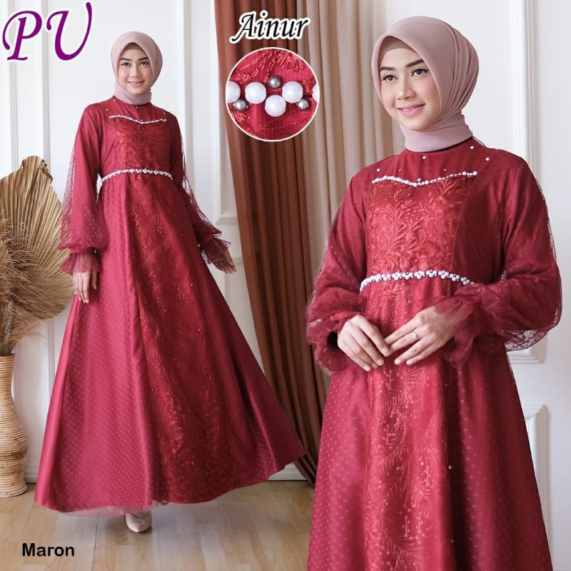 4 warna AINUR dress pesta wanita mewah payet mutiara maxmara gamis muslimah hijabere tile terbaru