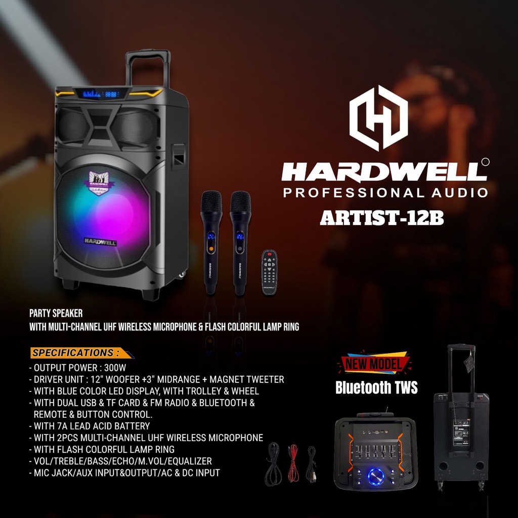 Speaker Portable NEW HARDWELL ARTIST 12B 12INCH 300 WATT Bluetooth TWS