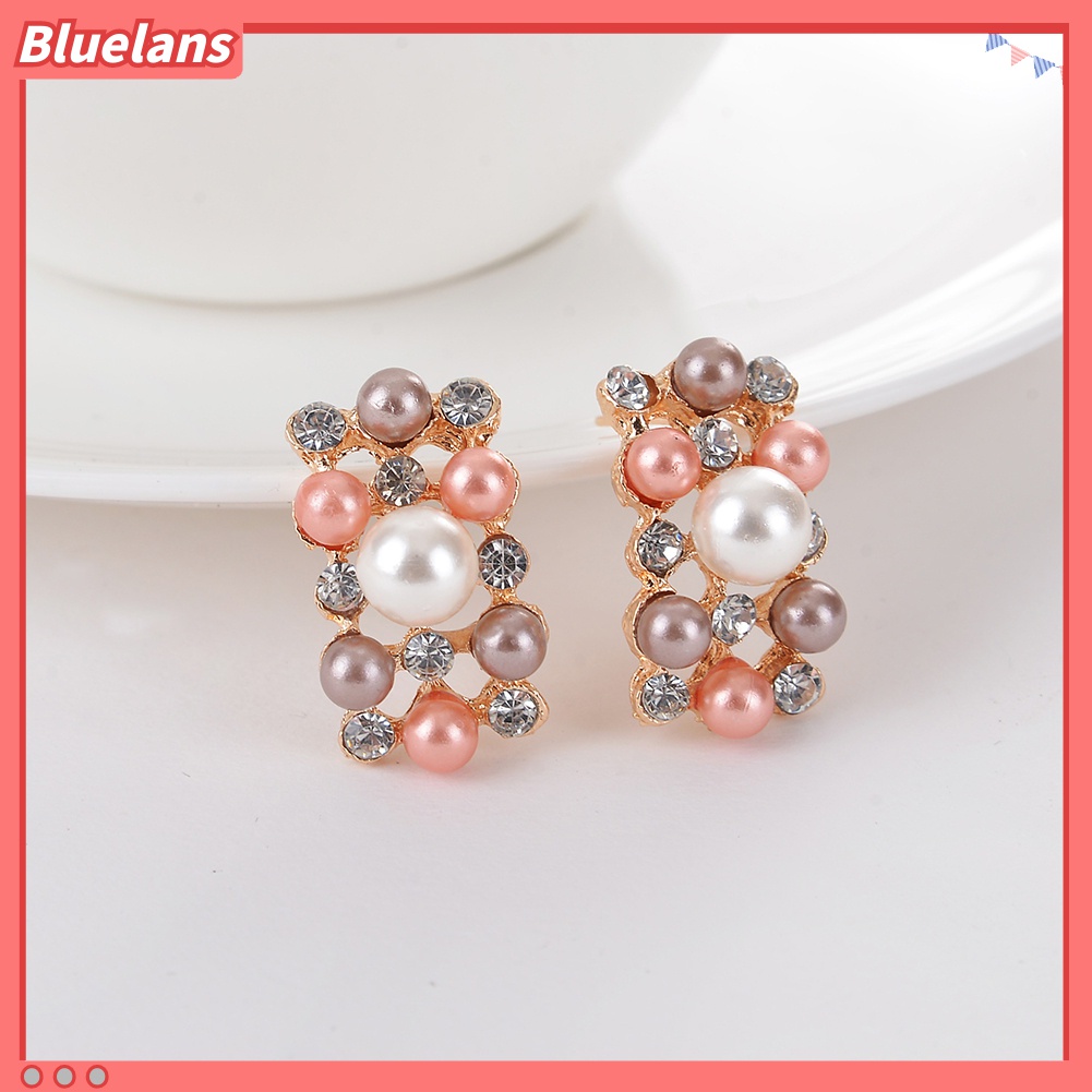 Bluelans 2Pcs / Set Kalung Dan Anting Mutiara Berlian Imitasi Untuk Wanita