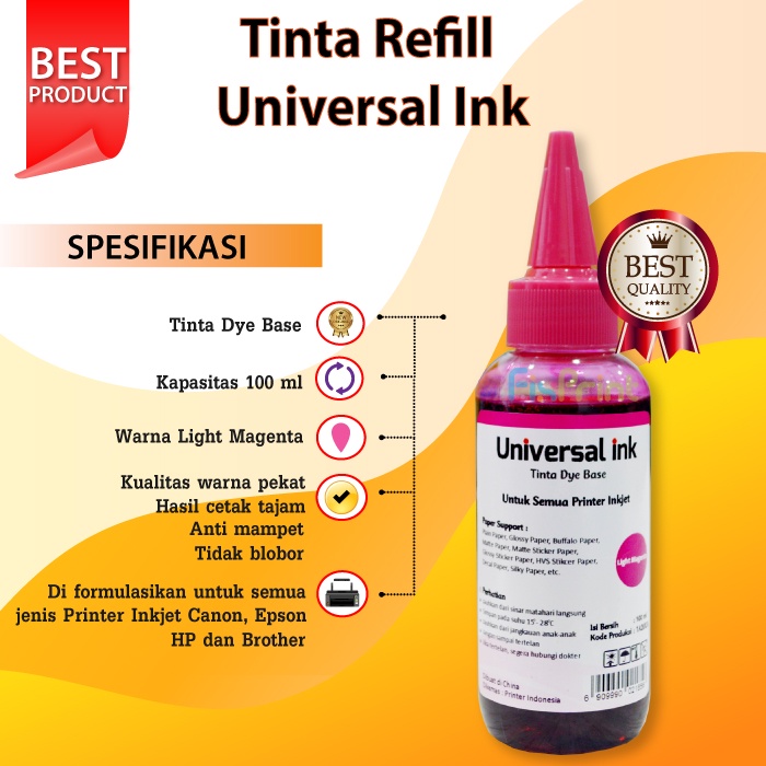 Tinta  Ink Light Magenta 100ml, Tinta Dye Base Epson Tutup Model Kerucut Murah