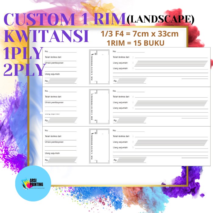 

CETAK CUSTOM BUKU KWITANSI 1/3 UKURAN HVS F4 (UK 7X33 CM) POSISI LANDSCAPE 1 RANGKAP