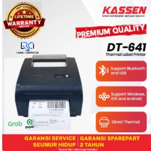 KASSEN DT- 641 PRINTER BARCODE STICKER / LABEL CETAK THERMAL USB dan BLUETOOTH