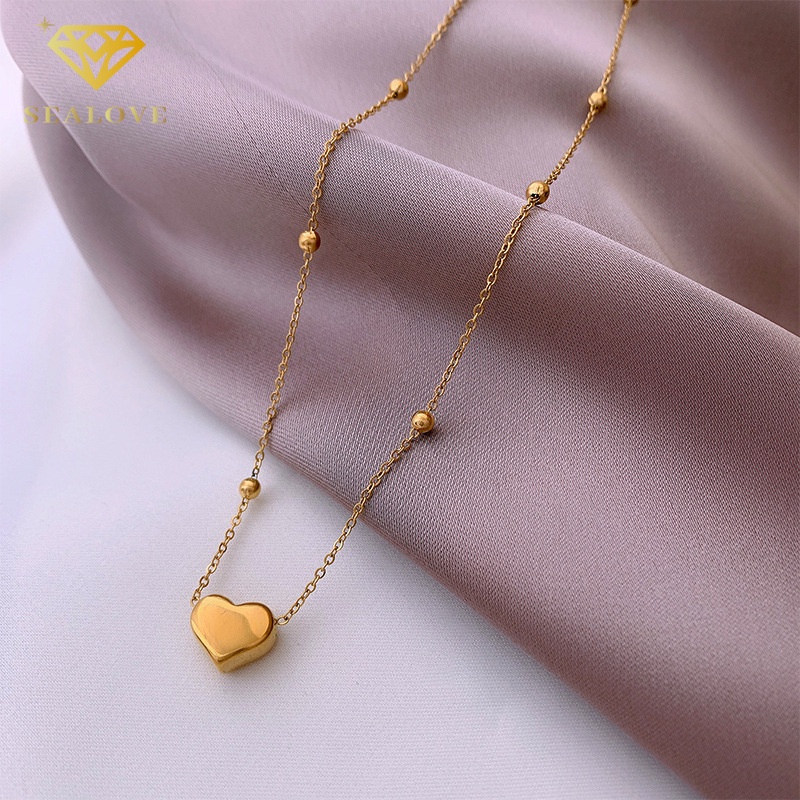 Kalung Titanium Wanita Anti Karat Cinta Hati Liontin 18k Emas Fashion Perhiasan Korea