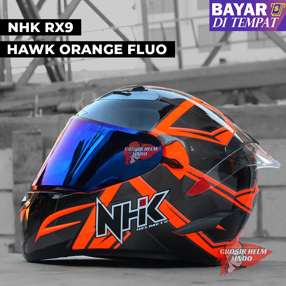 HELM NHK RX9 HAWK PAKET GANTENG_HELM NHK RX9 HAWK OREN FLUO ORANGE BLACK VISOR IRIDIUM_FREE TAS NHK