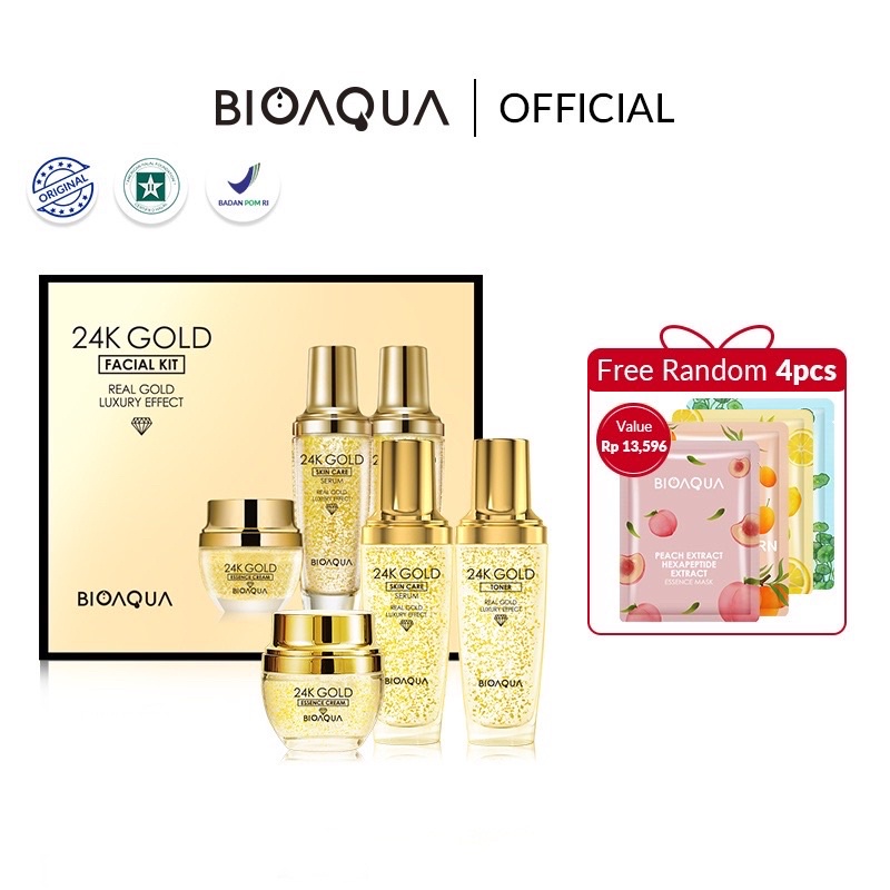 【BPOM】BIOAQUA 24K Gold Facial Kit paket skincare（Gold Toner 100ml+Gold Serum 100ml+Essence Cream 50g）