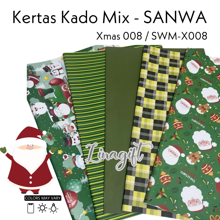 ( 5 Lembar 5 Motif ) XMAS MIX SANWA - KERTAS KADO NATAL - GIFT WRAP PAPER SANSAN WAWA CHRISTMAS SANTA / SNOWMAN / POHON NATAL / RED / GREEN / GOLD