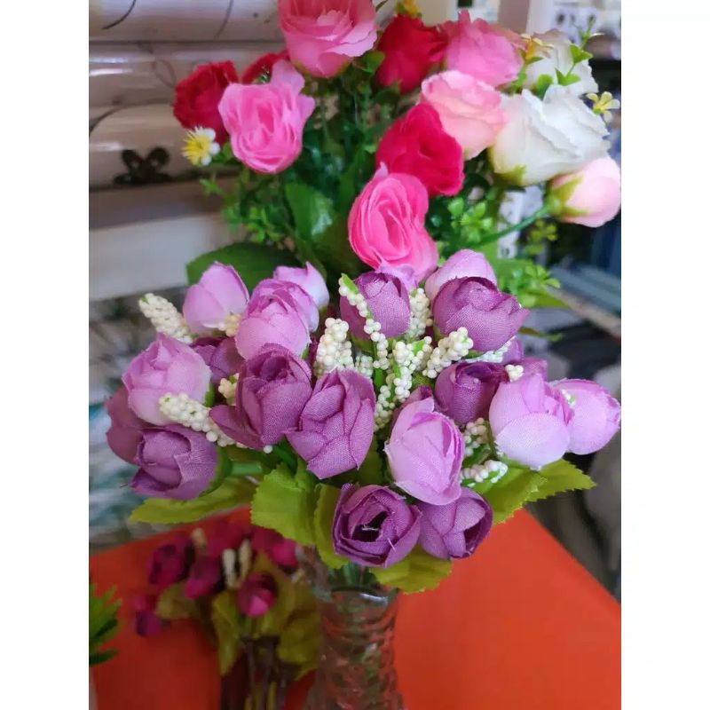 ROSE / BUNGA MAWAR - ISI 15 BUNGA PLASTIK-UNGU