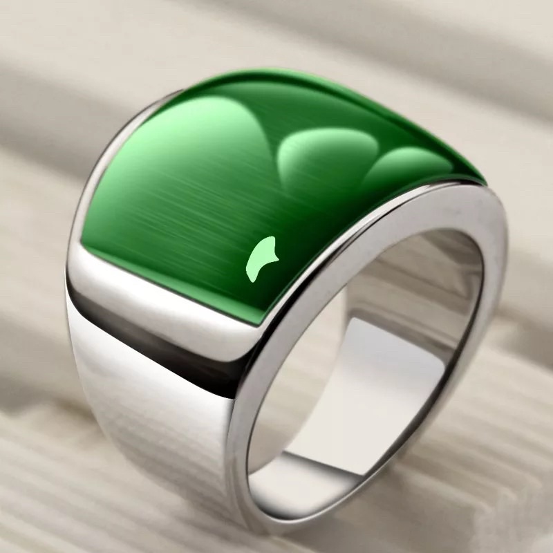 Cincin Opal Hijau Giok Cat Eye Ring Titanium Stainless Steel Anti Luntur dan Tahan Karat