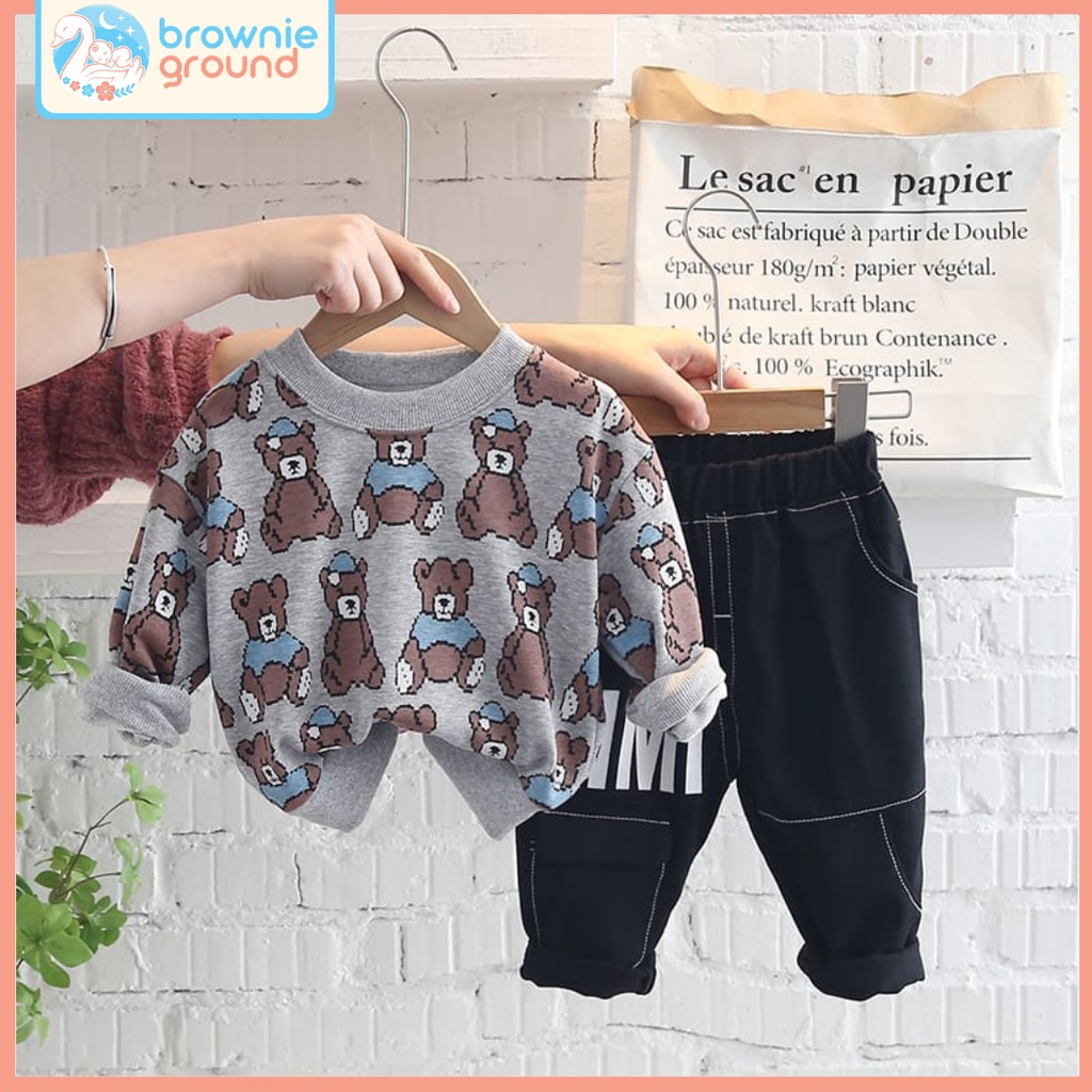 [COD] Setelan panjang anak laki laki MOTIF BEARGREY LUCU Baju baby impor premium 0-5 Tahun / brownieground