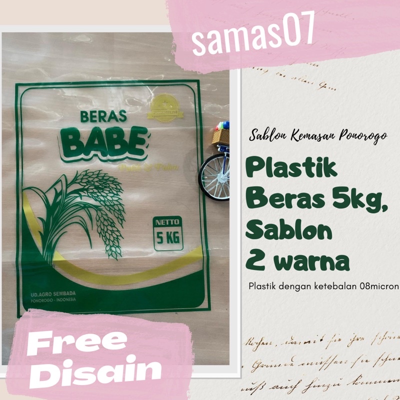 Sablon Platik Beras 5 kg an tebal08 bening sablon 2 warna, Sablon Plastik Kemasan