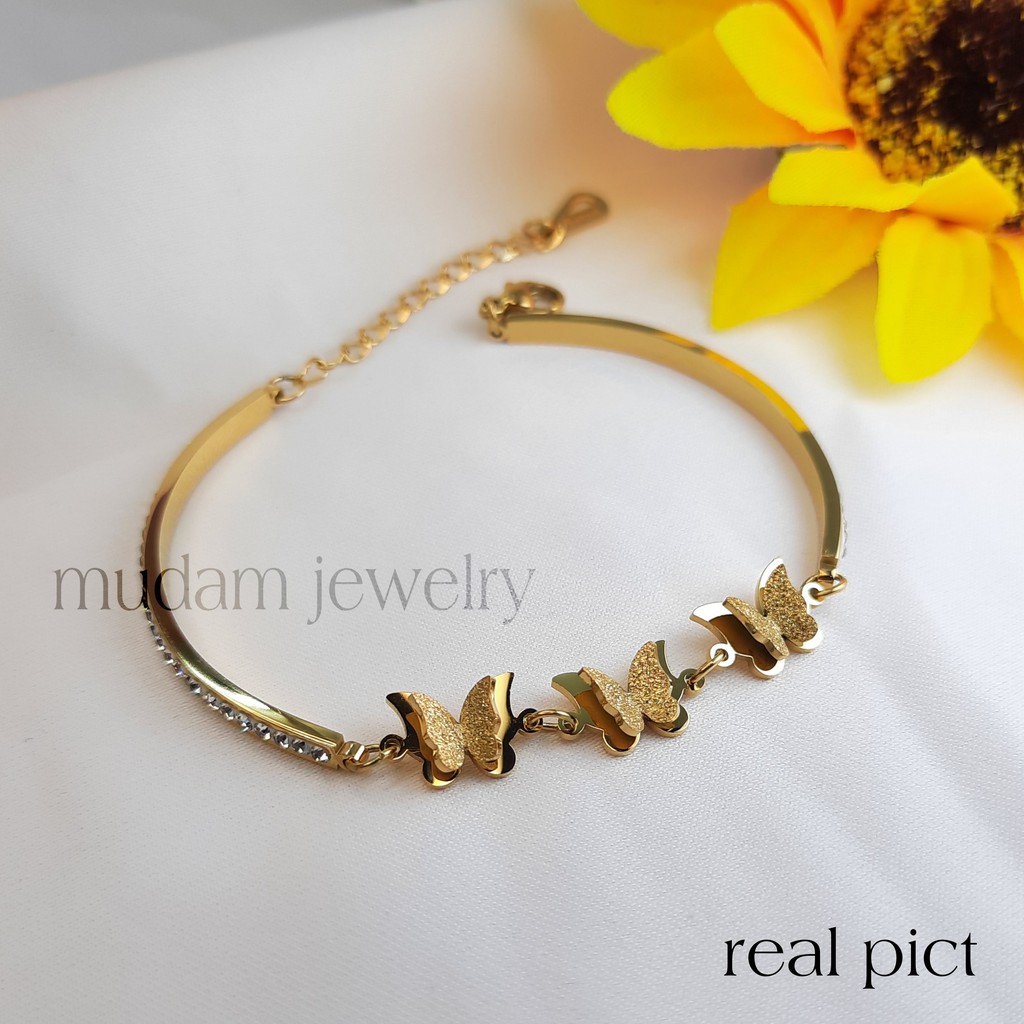 Gelang Titanium 3 Kupu-Kupu Gengan Taburan Kristal Artifisial Warna Rosegold, Gold dan Silver