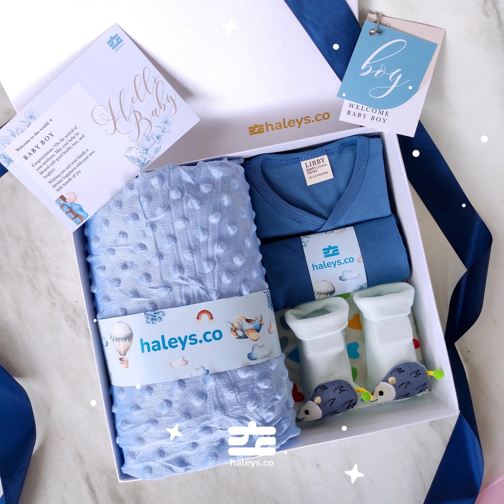 Haleys.co | Baby Hampers Selimut Bayi Piyama Libby | Paket Kado Baby Boy Girl 0-12 month | Kado Lahiran Premium | Baby Gift Box |  Kado Bayi | Hampers Baby Boy Girl | Hampers Bayi Newborn