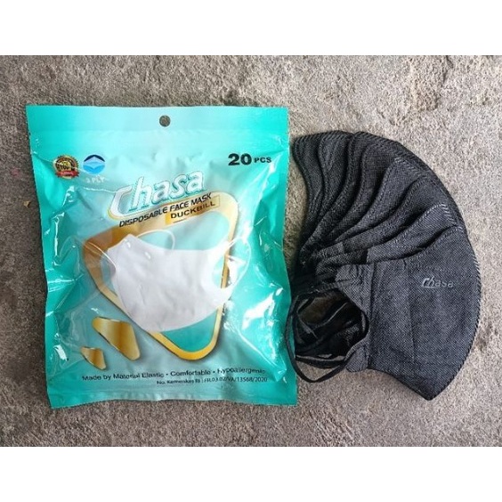 Masker Duckbill merk CHASA emboss+ garis isi 20pcs/pack - HITAM/PUTIH