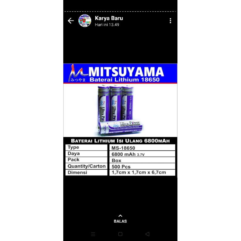 BATRAI Charger MITSUYAMA 18650 batrai lithium isi ulang tanpa kepala