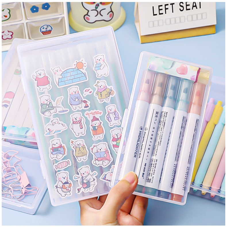 [Portable Clamshell Square Clear Plastic Desktop Sorting Storage Box] [Multifunctional Transparent Simple Desk Pencil Case Label Organizer Box ]