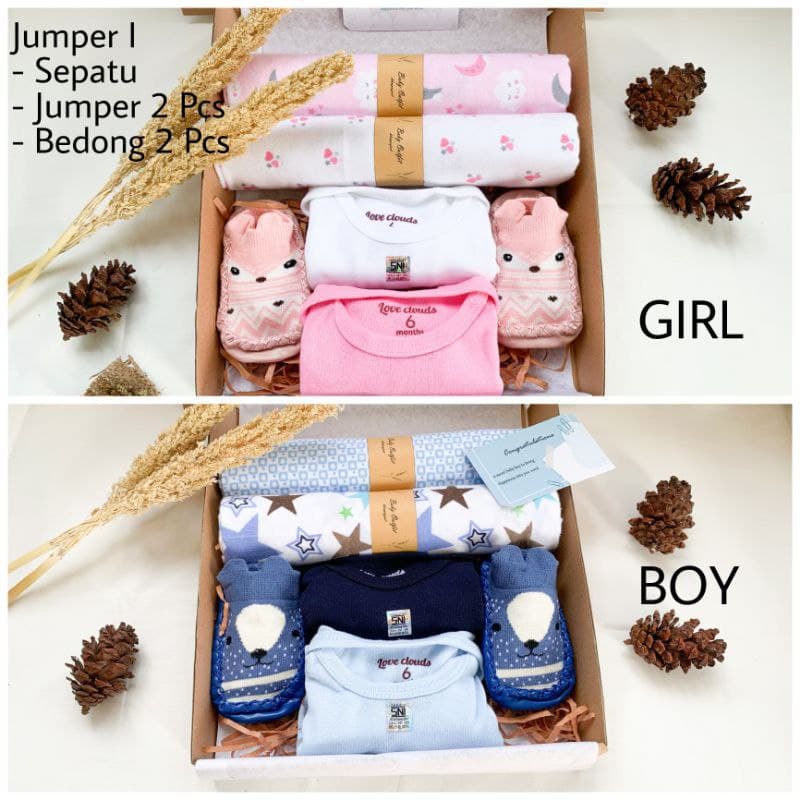 Hampers New Born Baby Boy/Girl Kado Bayi Lahir, Baju Bayi, Bedong, Gift Box Baby Jawa Timur Tengah Barat-Paket I