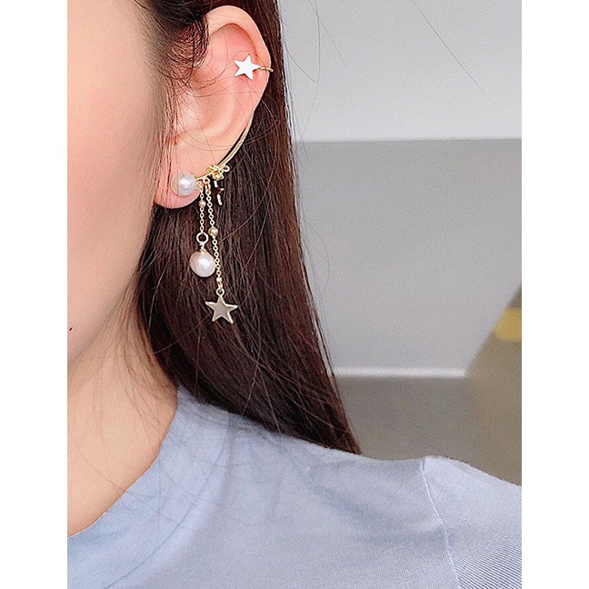 LRC Anting Tusuk Fashion Golden Shaped Pearl Pentagram Asymmetric Tassel Earrings D69976