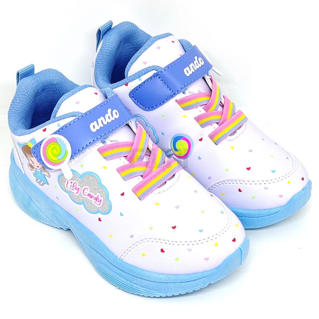 FIURI - ANDO ORIGINAL -  LILY CANDY PEREKAT 29-32 PUTIH BIRU - SEPATU SNEAKERS KANVAS SOL KARET ANAK KECIL PEREMPUAN  - SEPATU PERMEN LOLIPOP KETS LUCU FASHION TRENDY - SEPATU SEKOLAH PAUD TK KRETEKAN PEREKAT CEWEK MURAH PROMO DISKON BONUS KAOS KAKI