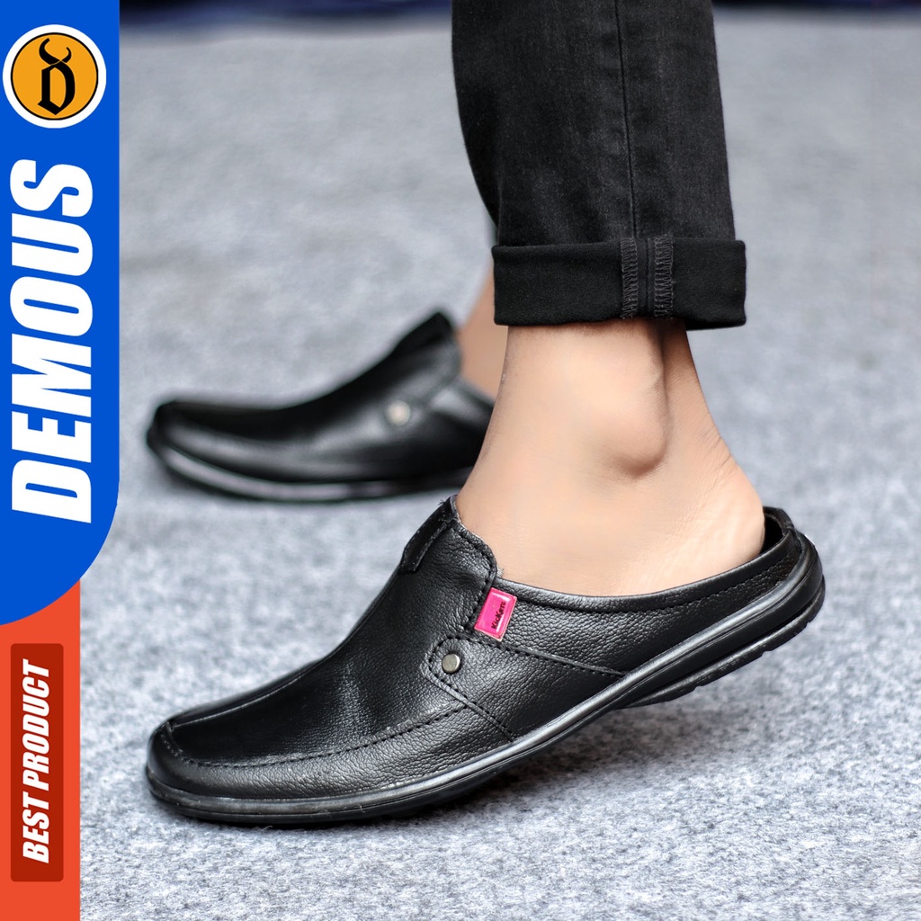 Sepatu Sandal Pria Kulit Asli Sendal Bustong Slop Hitam DEMOUS TYKO