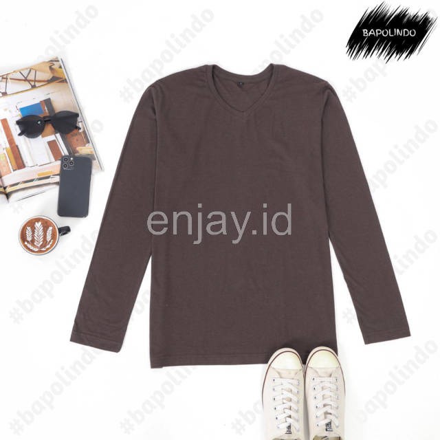 enjay.id - PREMIUM Kaos warna Coklat oblong ANTI BAKTERI Leher V neck lengan panjang Original
