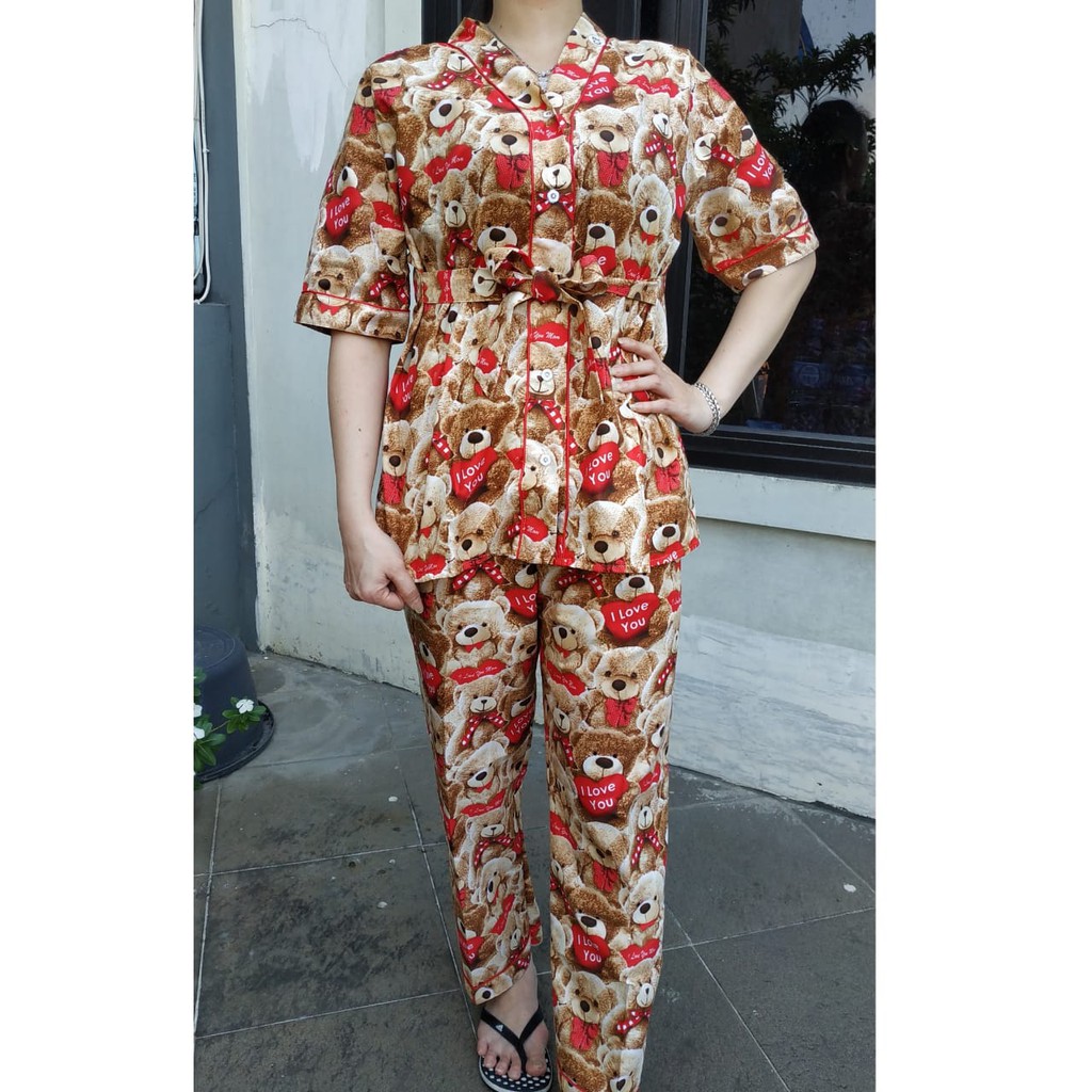 JNV Setelan Kimono CP Wanita Motif Karakter Kartun - Baju Tidur Kimono Lengan Pendek - Bahan Katun-Bear Love