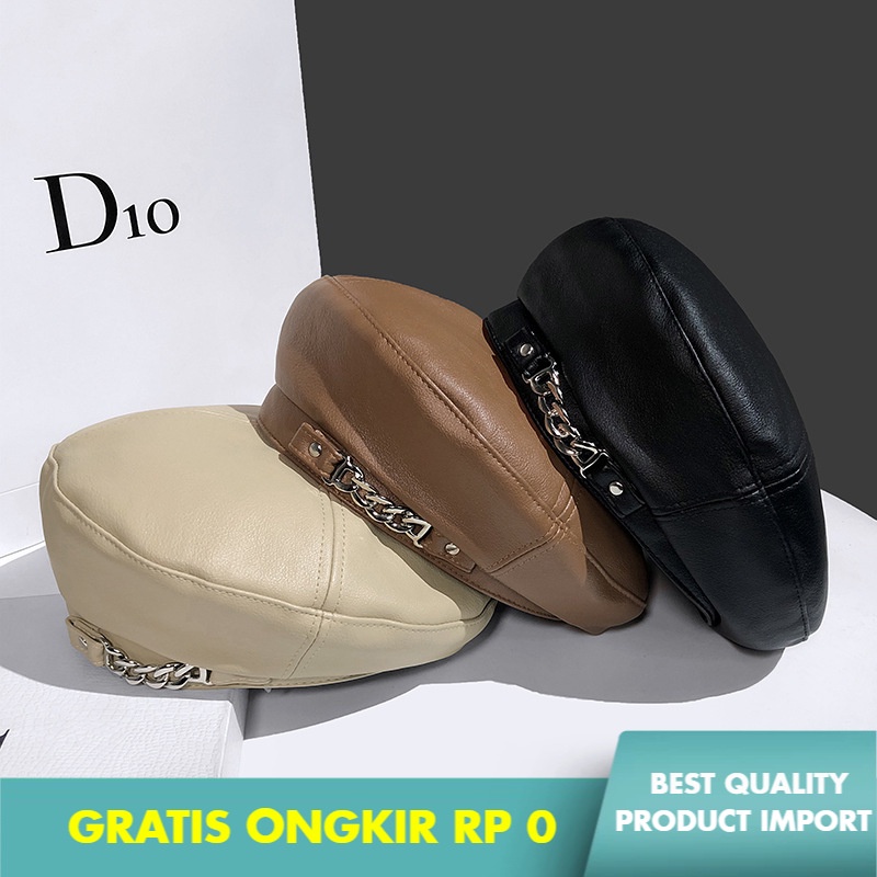 Topi Baret Fashion Wanita Rantai Kulit Baret Wanita Retro Inggris Oktagonal Topi Ber Jepang   Terken