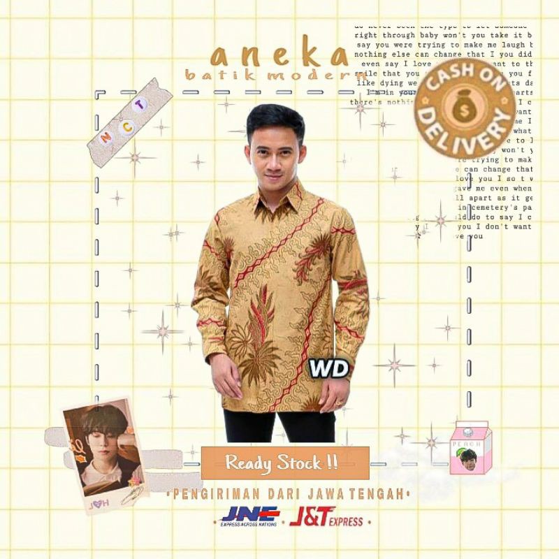 HEM KEMEJA ATASAN BATIK PRIA COWOK LENGAN PANJANG WARNA KUNING KOMBINASI ORANGE