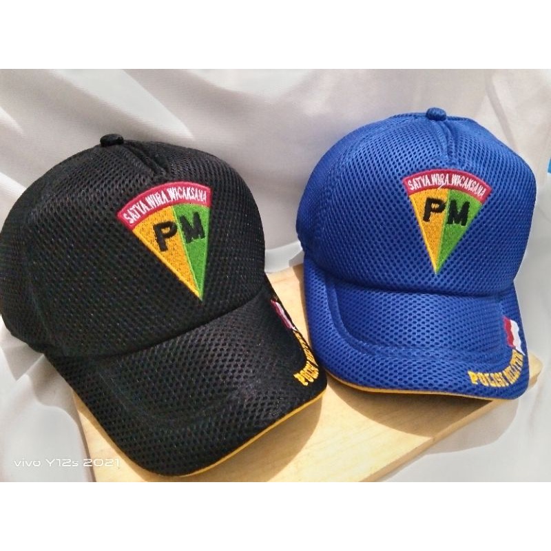 topi jaring biru pm polisi militer / topi jala biru doubel mash pm