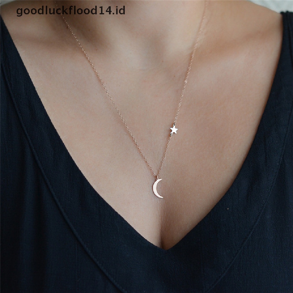 [OOID] Moon Star Pendant Necklace Choker Necklace Gold Silver Long Chain Women Jewelry  ID