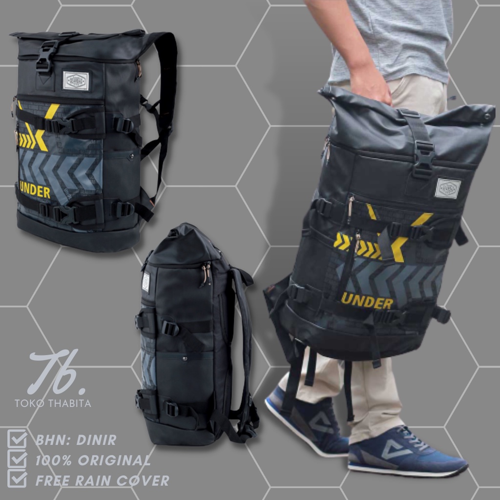 Ransel Rolltop Pria Tas Punggung Tutup Lipat Atas Backpack Tahan Air Warna Hitam Gear Bag Rain Cover