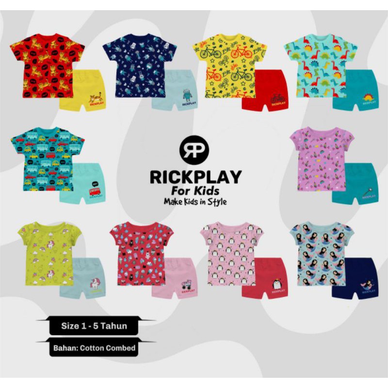 RICKPLAY Baju Setelan Lengan Pendek Anak Laki Laki dan Perempuan Full Print Balita Batita  Size 1 2 