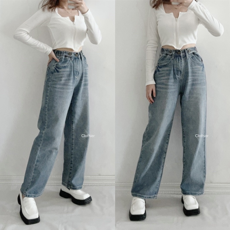 CLOTHIER - Hazel Adjustable Jeans | Baggy Vintage Light Blue Wide Leg Jeans