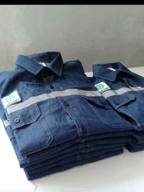 SERAGAM BAJU SAFETY PROYEK BAHAN KAIN LEVIS RESLETING DAN KAMCING JEANS