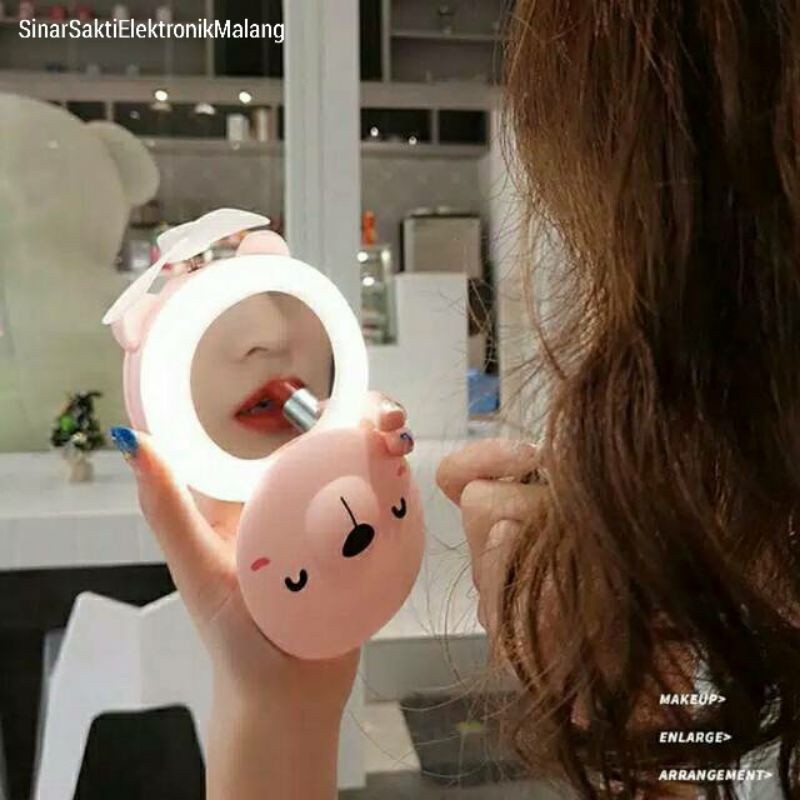 Cermin Lampu LED Mini Fan USB Lipat / Kaca Makeup Kipas Angin Karakter