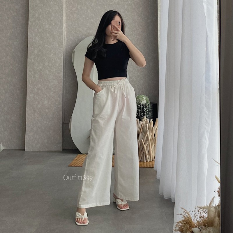 Celana Kulot Linen Highwaist Pinggang Karet Wide Leg Cullote 552