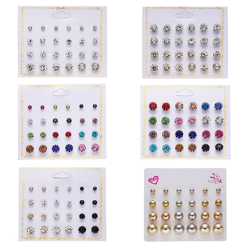 12 Pasang Anting Tusuk zircon Bulat Aneka Warna Untuk Wanita