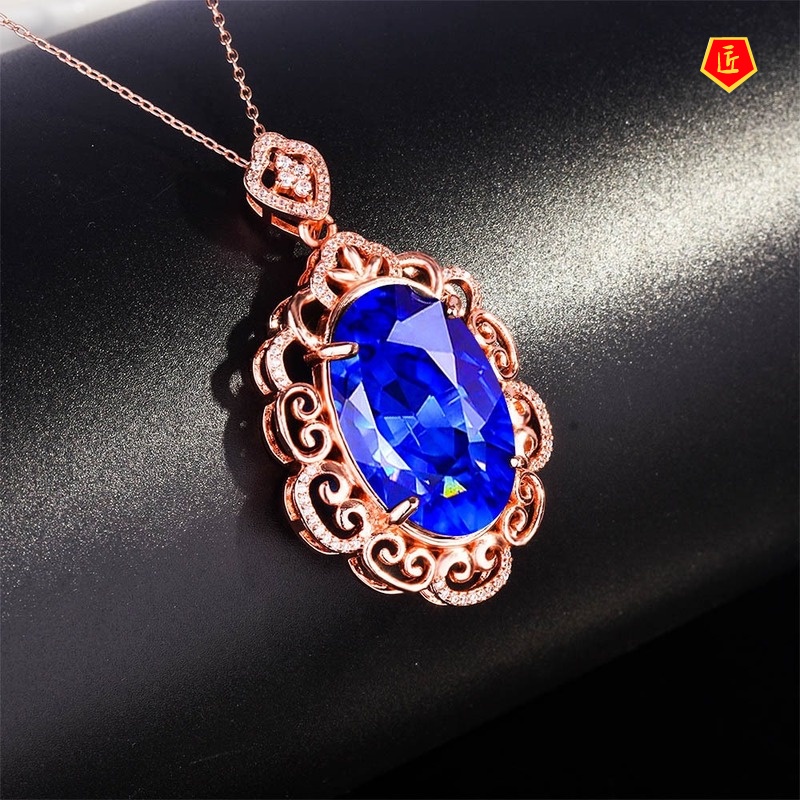 [Ready Stock]Luxury Inlaid Sapphire Pendant 18K Rose Gold Necklace Elegant Advanced