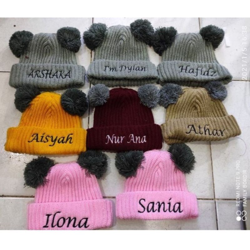 topi kupluk pom-pom baby bisa bordir nama