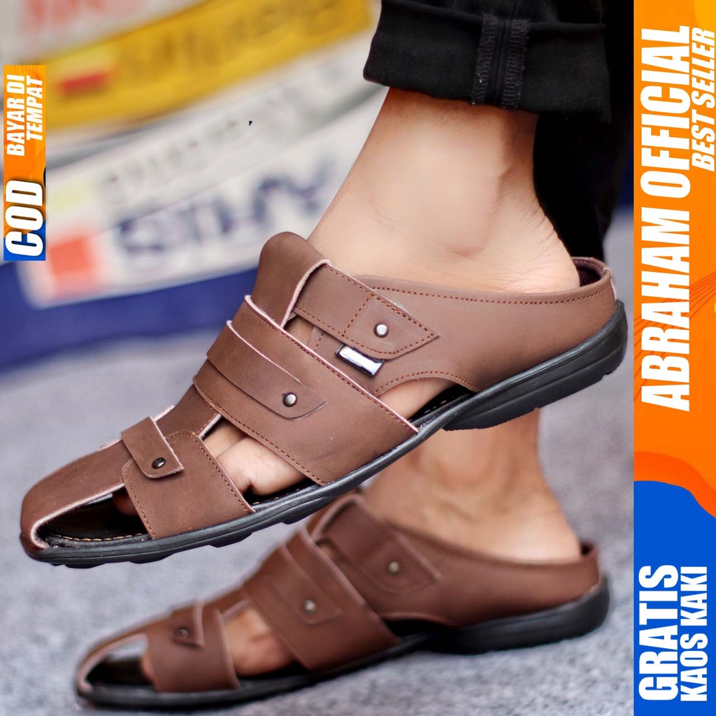 ABRAHAM Sandal Selop Kulit Slide Pria Slop Bustong