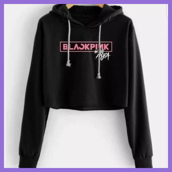 SWEATER HOODIE CROP BLACKPINK HITAM