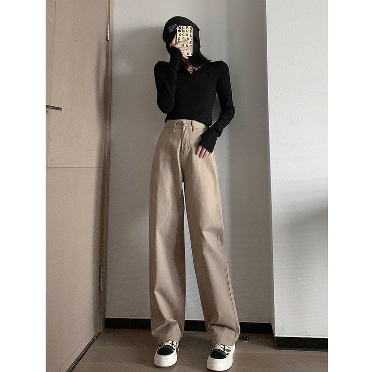 Import Korean Style Highwaist Loose Khaki Celana Jeans Panjang Wanita