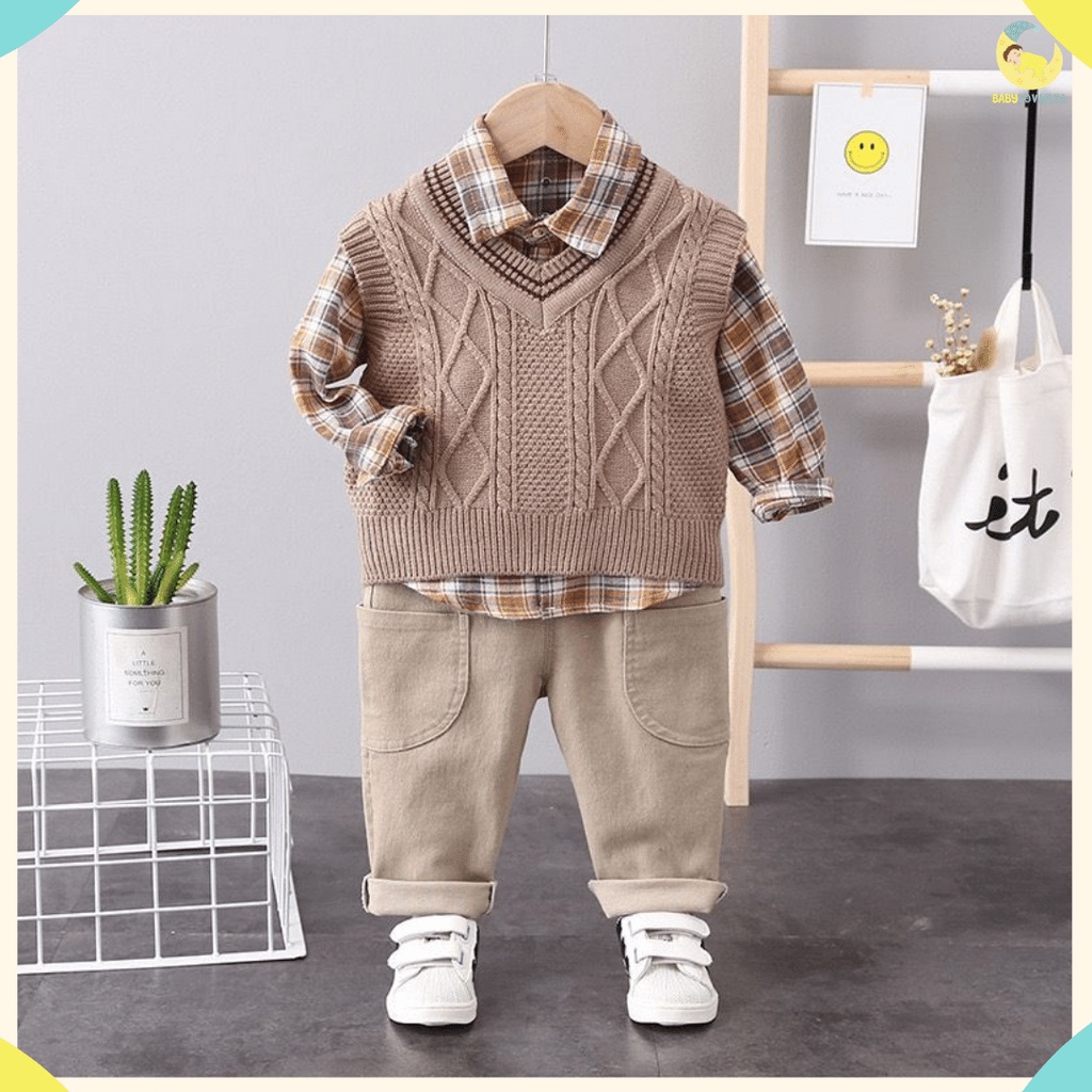 KEMEJA PREMIUM ANAK LAKI LAKI 0-4 TAHUN 3in1 motif BASIC BROWN/ BAJU COWO SET OUTWEAR