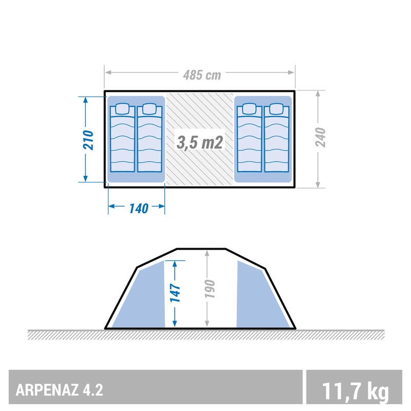 QUECHUA Arpenaz 4.2 Hoop Tent Tenda 4 Orang dan 2 Kamar Original