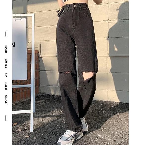 Terbaik Hitam High Waist Kekinian Celana Jeans Panjang Wanita Robek Import