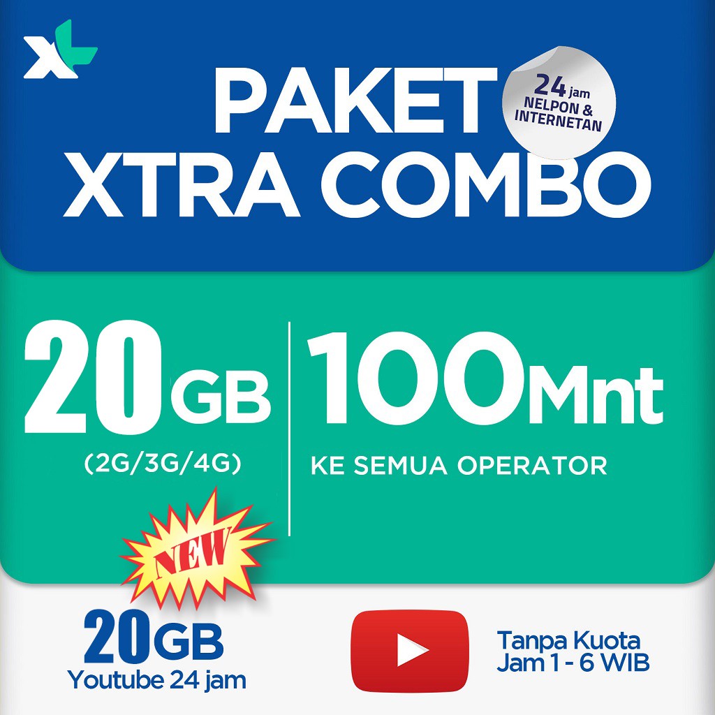 [PROMO] Paket Data XL Xtra Combo 20+20GB (20GB 2G/3G/4G + 20GB YouTube 24 Jam) = Total 40GB
